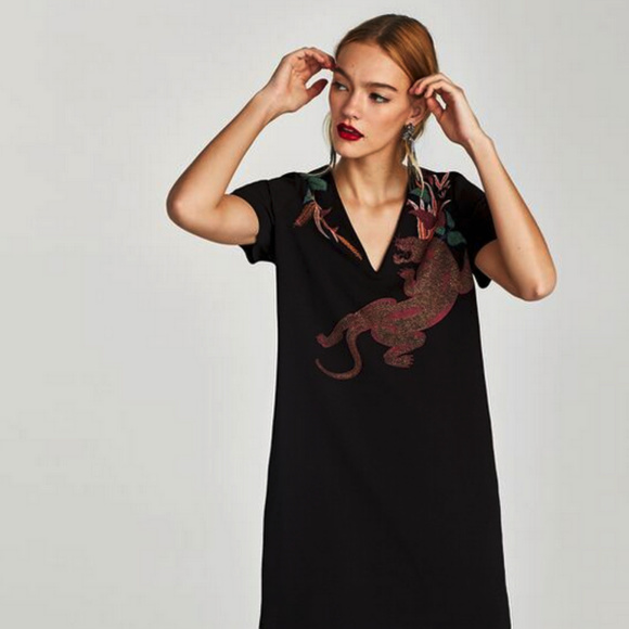 Zara Black Printed Dress short Sleeves size S - Picture 3 of 8